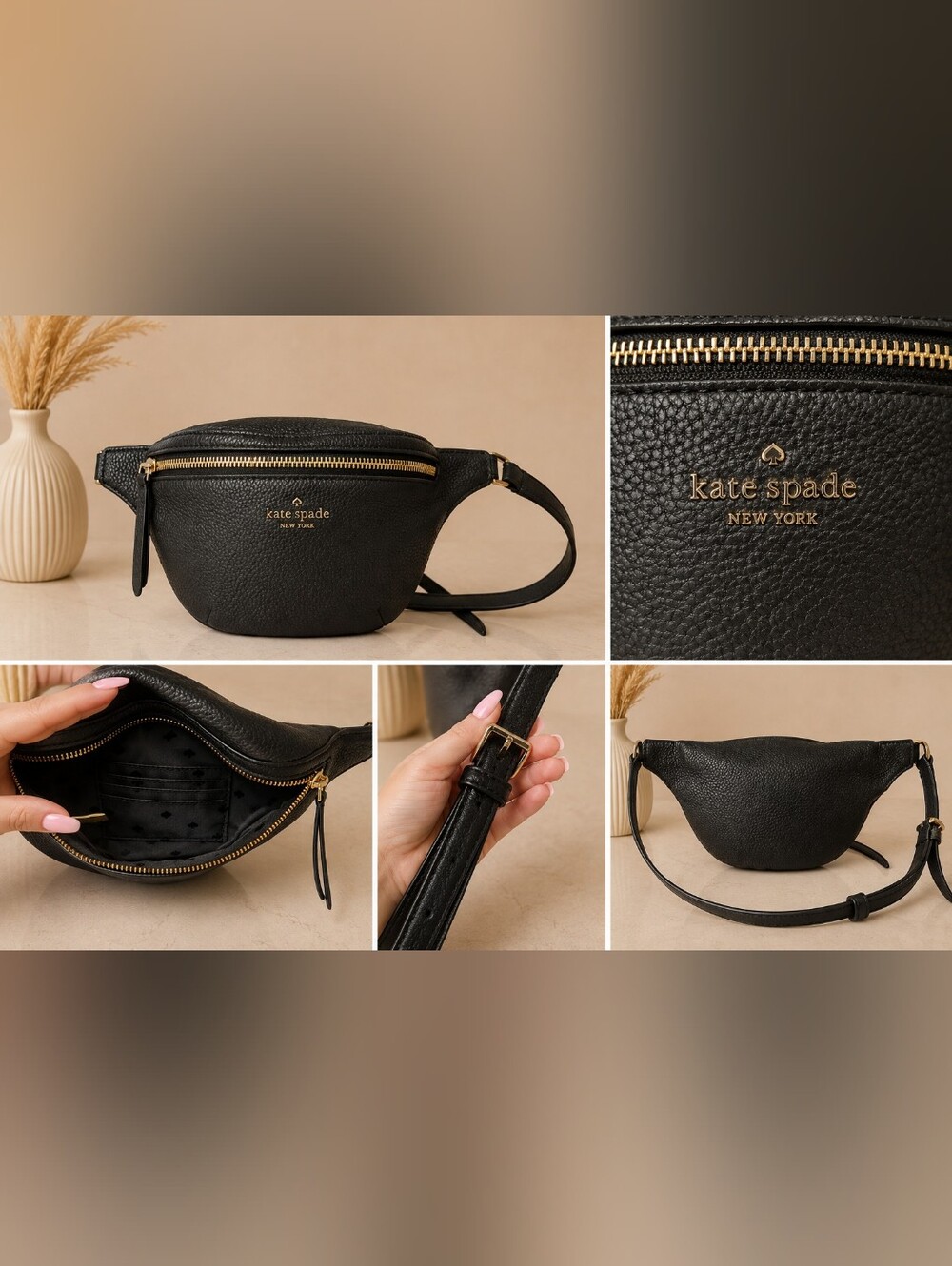 kate spade black pebbled leather crossbody belt bag with gold hardware